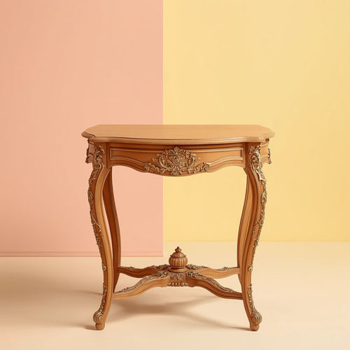 Carved Wood Console Table with Curved Legs and Decorative Detail