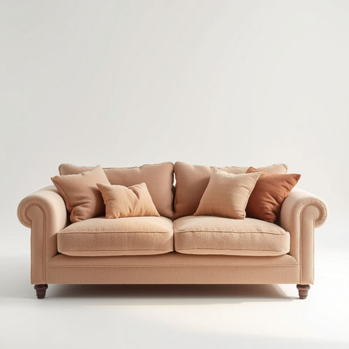 Classic Beige Rolled Arm Fabric Sofa with Soft Cushion Seating